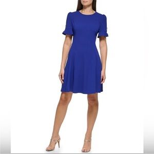 DKNY Ruffle Sleeve Stretch Crepe Fit & Flare Dress Deep Royal Blue Size 10